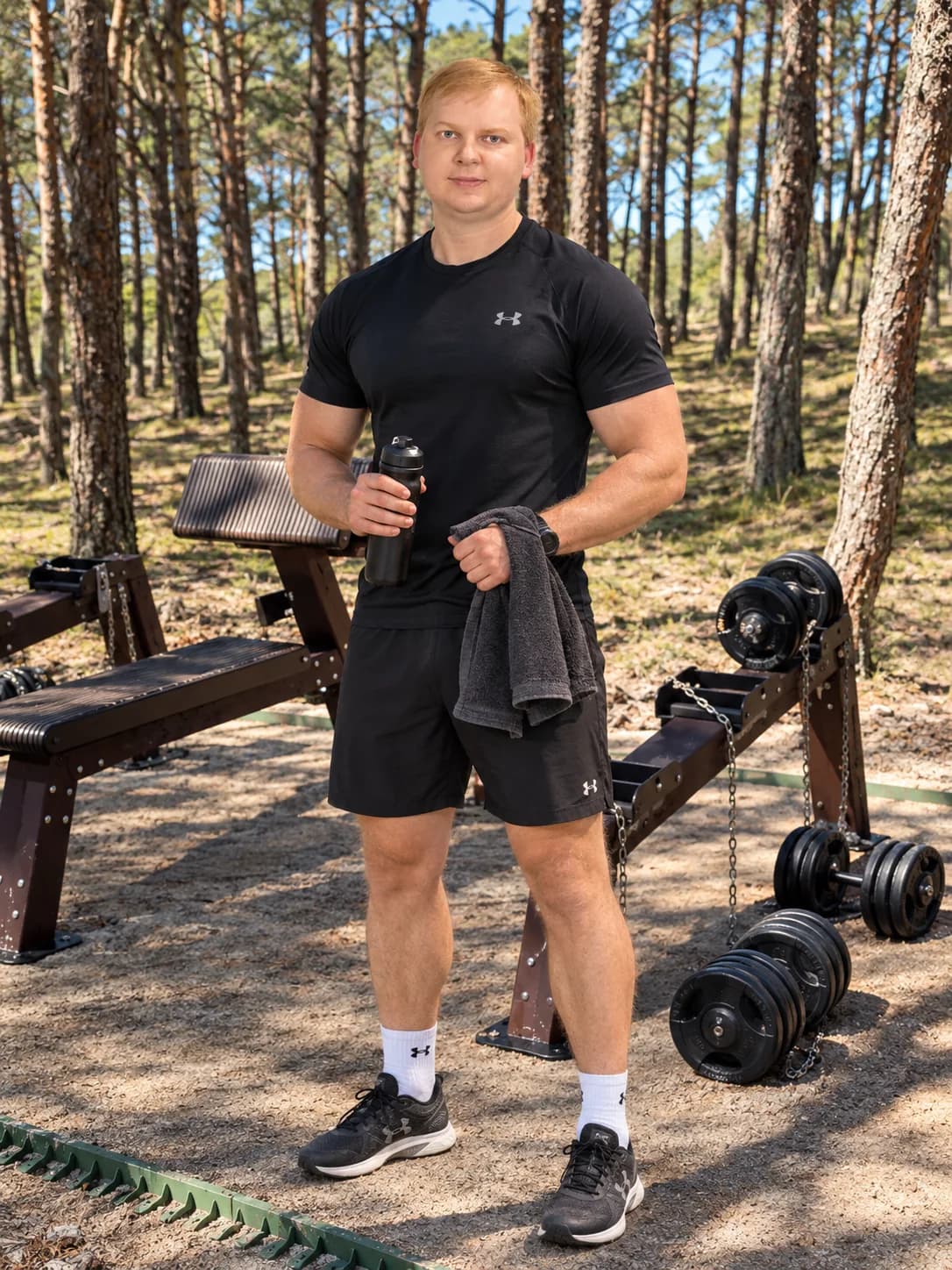 Jonas Alseika su sportine apranga lauko treniruoklių aikštelėje pušyne